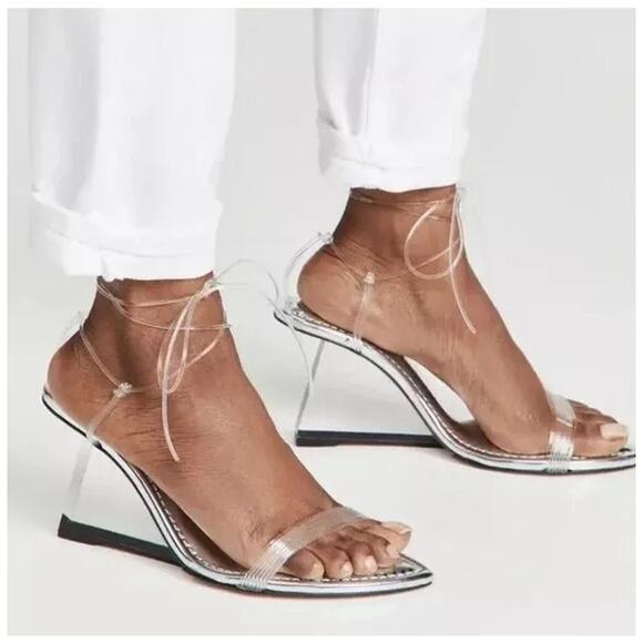 GOOD AMERICAN Sz 8 Cinder-F*king Rella Silver Lucite  Wedge Heel‎ Ankle Tie - Picture 1 of 13